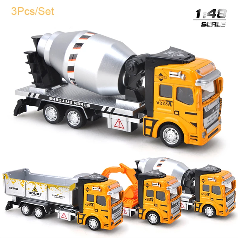 19CM 3Pcs/Set Alloy Engineering Trucks Car Models Toy for Boys Diecasts Toys Vehicles 1:48 Pull Back Excavator Mixer Truck Y047 huina 1722 1 50 alloy diecasts