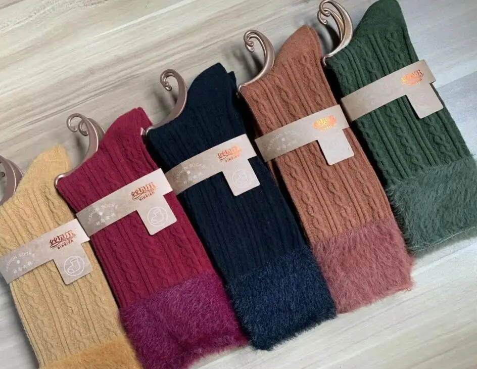 Теплые норковые хлопковые носки с двойной иглой, пушистые носки, женские носки, толстые из вельвета с отделкой под куницу, хлопковые Веселые носки, розовые зимние носки