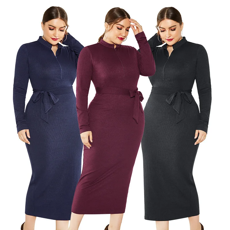 

Stand Collar Long Sleeve Sashes Zipper Stretchy Slim Midi Dress Autumn Winter Plus Size Women Solid Casual Elegant Office Ladies