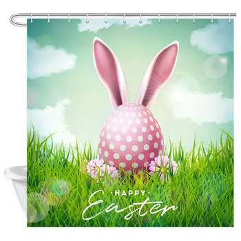 

Happy Easter Holiday Shower Curtain, Rabbit Ears Painted Egg and Flower on Nature Grass Bath Curtains, Waterproof Fabric Shower