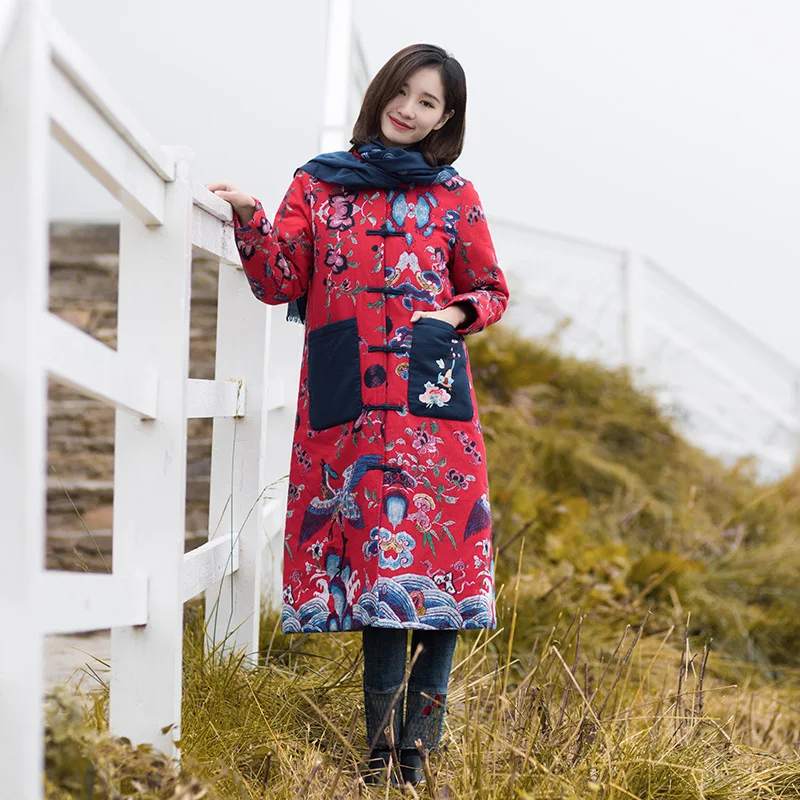

Ethnic-Style over-the-Knee Cotton-padded Jacket 2019 Winter New Style Chinese-style WOMEN'S Dress Retro Thick Warm Cotton Coat W