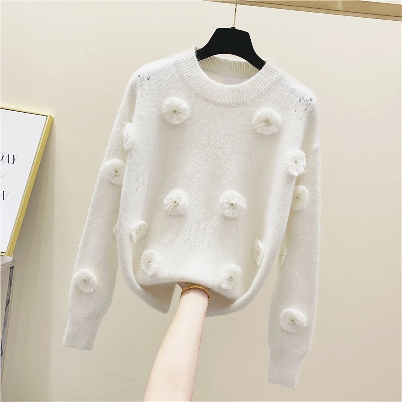 

Sweater Women Sweet Three-dimensional Embroidered Loose-Fit Round-Neck Pullover Sweater Sweaters Girls Ladies Jumper Pull
