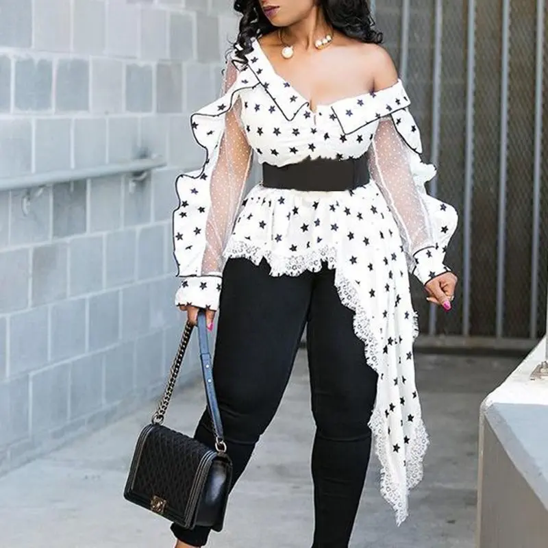 Falbala Long Sleeve Mid-Length Blouses Women White Star Printed Sexy Mesh Asymmetrical Irregular Tops 2019 |
