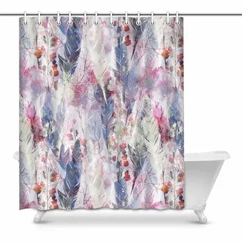 

Watercolor Boho Style Twigs and Feathers Art Bathroom Decor Shower Curtain with Hooks, Long