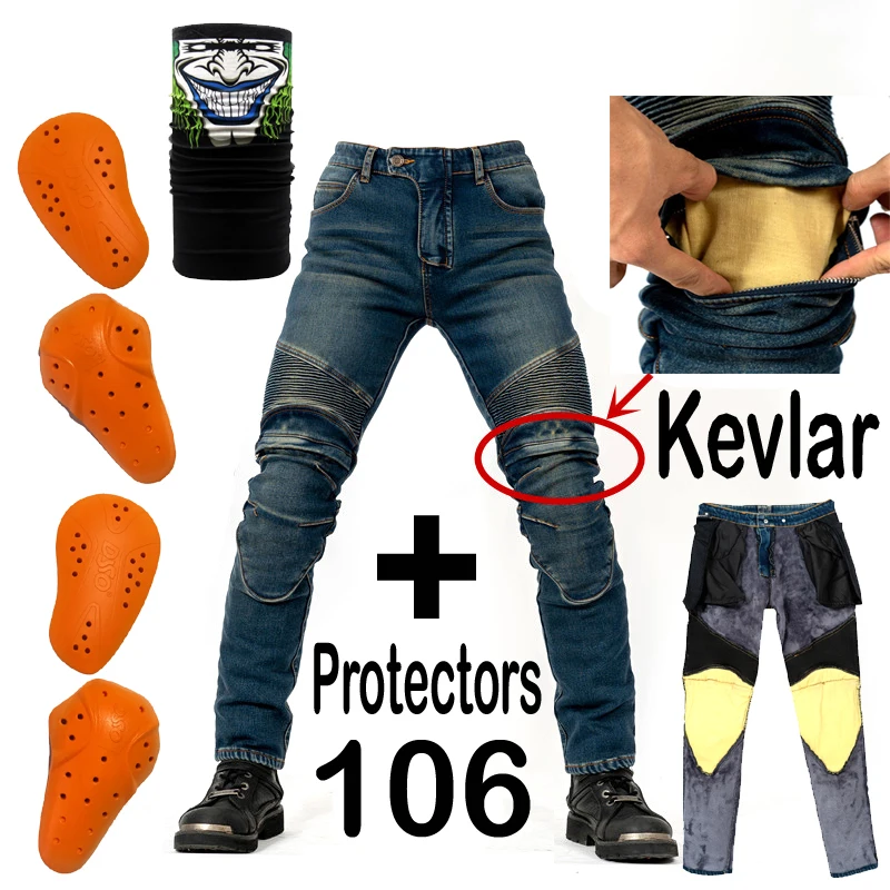 Kevlar Blue 106 Ветрозащитный зимний теплый мотоцикл из кевлар плюс вельветовые джинсы брюки повседневные мужские мотоциклетные брюки мотокросса дорога Колено защитный - Цвет: Kevlar Blue 106