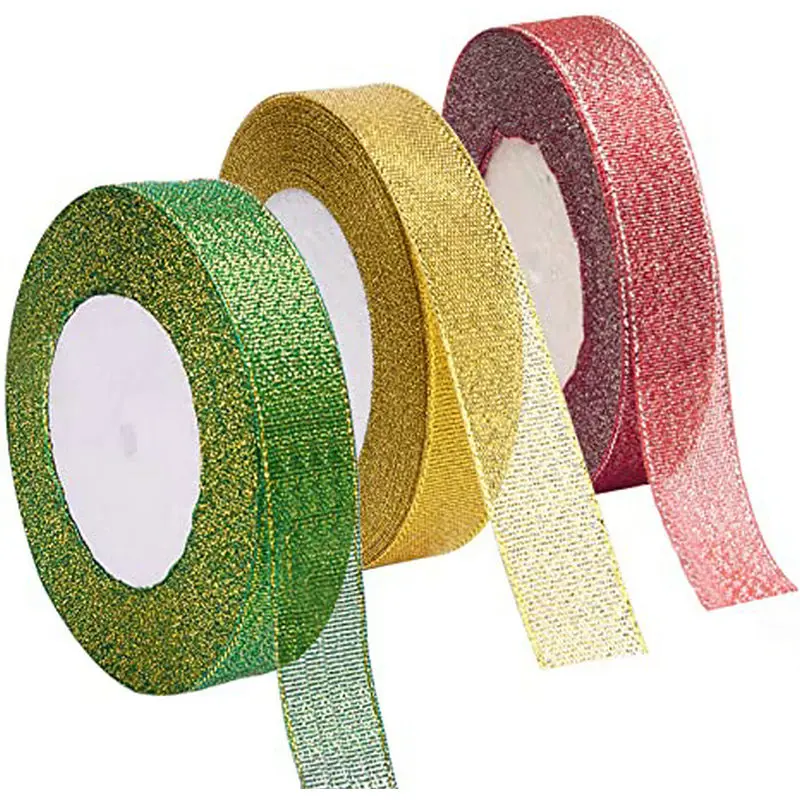 2 Rolls 50 yards Metallic Gold Glitter Ribbons, 5/8 Inch Sparkly Fabric  Width Ribbon for Gift Wrapping, crafts, Holiday Wedding Birthday Party