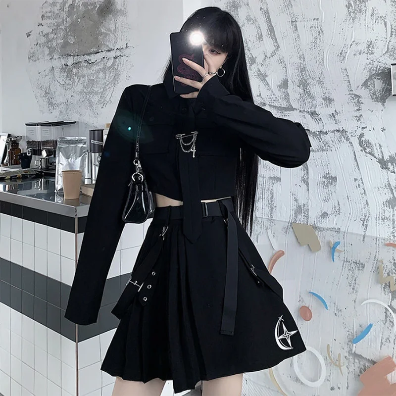 Fall 2023 Gothic High Waist Pleated Skirt Two Piece Sets Streetwear Short Shirt JacketPunk Chain Ribbon Skirts Women Suits y2k 2023 summer 2 piece gothic y2k two pieces set women plaid crop top high waist mini skirt punk streetwear skirts sets female