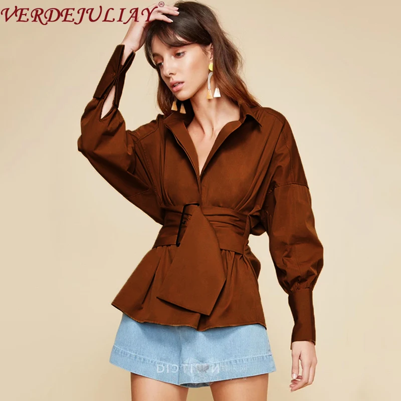 

VERDEJULIAY 2020 Spring New Fashion High Street Design Sashes Loose Blouse Women Elegant Lantern Sleeve Solid 100% Cotton Shirt
