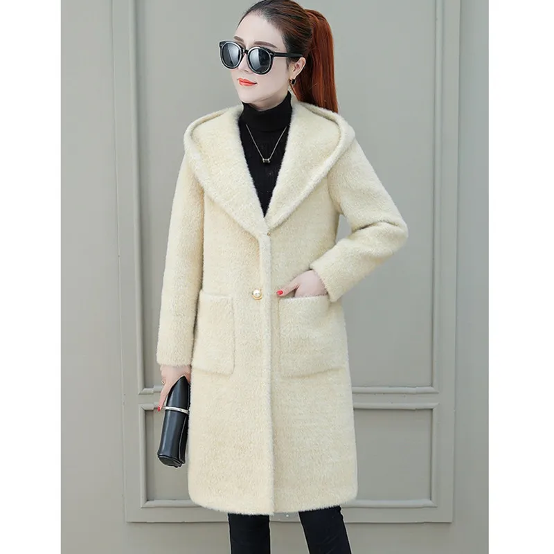cream color UHYTGF, зимнее пальто для женщин, качественное, золотое, Норковое, кашемировое, осеннее, шерстяное пальто, утолщенное, с капюшоном, для холодной погоды, теплое, размера плюс, пальто из натуральной кожи 985 - Цвет: cream color