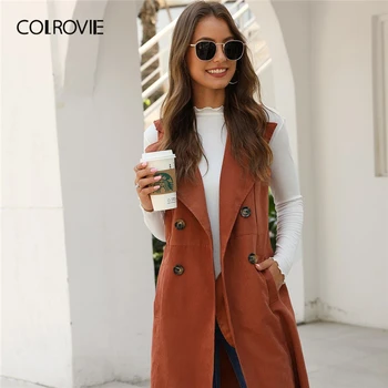 

COLROVIE Solid Double-breasted Waterfall Collar Top Women Brown Midi Coat 2019 New Fall Casual Sleeveless Outerwear