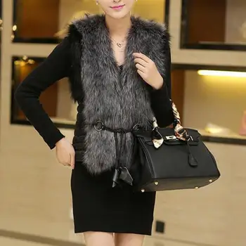 

Winter Women's Faux Fur Coat Vest Plus Size Black V-Neck Luxury Faux Fake Fox Fur Vest kamizelka futerko fourrure femme