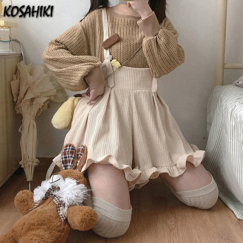 KOSAHIKI Japanese Kawaii Strap Shorts Women Corduroy Ruffle Solid Short 2021 Cute Lolita Overalls Chores Para Mujer 1