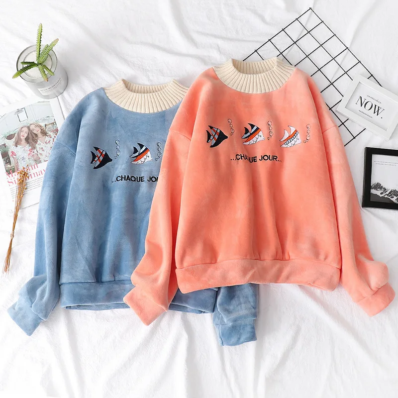 VEVEFHUANG Autumn Winter New Loose Velvet Hoodies Women Fish Embroidery Sweatshirts Female O-Neck Long Sleeve Warm Pullovers