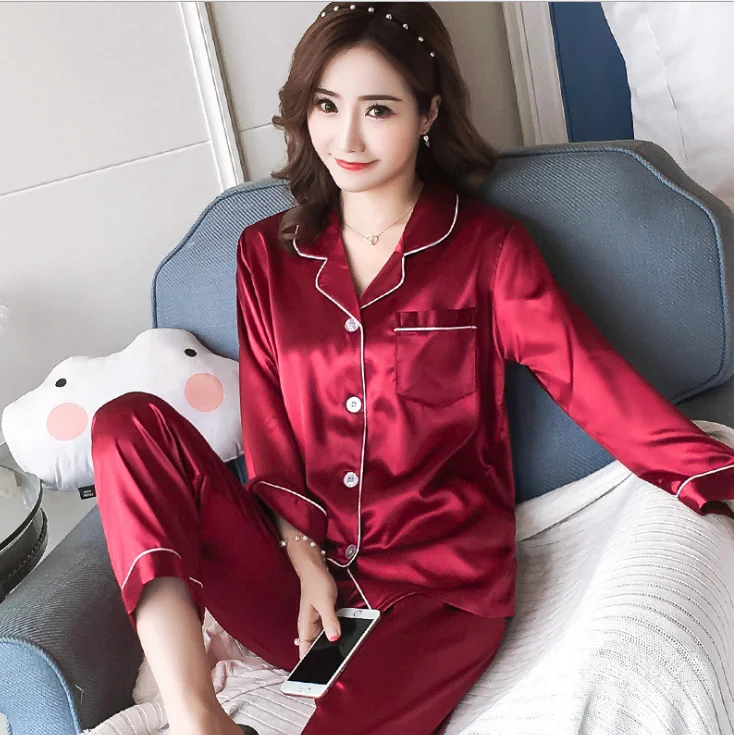 2-piece pajamas trousers suit women lapel silk long-sleeved home service ladies sexy satin ice silk pajamas spring autumn