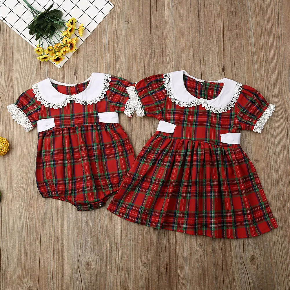 От 0 до 6 лет, комплект одежды для сестры, Рождественский верхний комбинезон для новорожденных девочек, красное платье в клетку с принтом, Рождественская одежда
