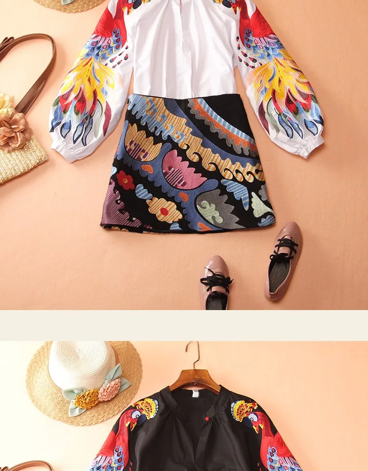 Spring and Summer Cotton Causal Shirts Embroidered Long-sleeved Shirts Woman Full Button Print O-Neck lantern Sleeve