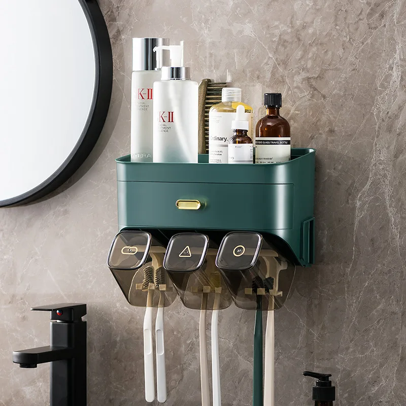 

Bathroom Toothbrush Holder Super Load-Bearing Toilet Rack Punch-Free Bathroom Mouthwash Cup With Drawer Luxury Toiletry Set