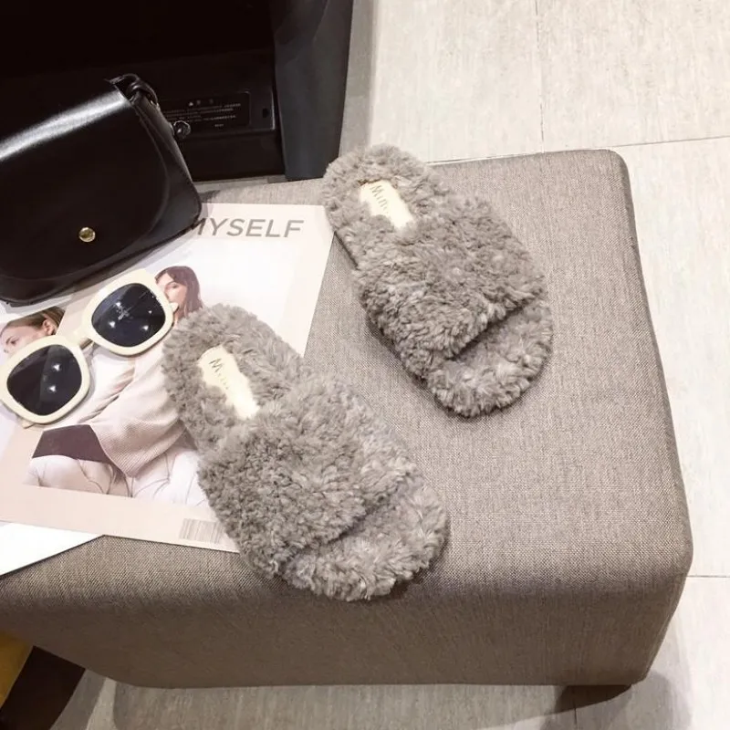 Women's Slippers Flock Slides Shoes Pokemon Plush New Fur Flat Fabric Autumn Basic Rubber Rome Bonded Leather Cotton