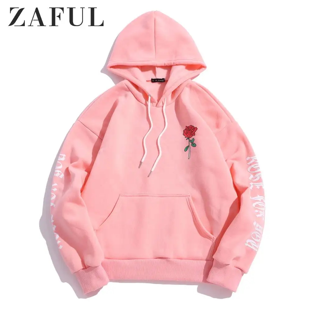 ZAFUL Rose Letter Graphic Fleece Pullover Hoodie Full Sleeves Flower Letter Printed Casual Sweatshirts Autumn Outdoor Wearing