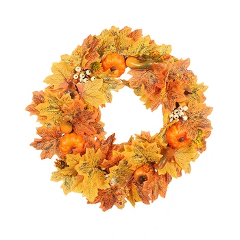 

2020 New Fall Harvest Wreath Artificial Autumn Ornaments Pumpkins White Berries Maple Leaves Shape Front Door Decoration