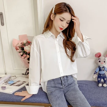 

COIGARSAM Casual Full Sleeve Loose Shirt Womens tops New Women shirts White 3444