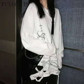 

Loose Hole Letter Print Irregular T Shirt Women Clothes 2020 Spring New Fashion Loose Pullover Full Sleeve Match All Tee DMY3875