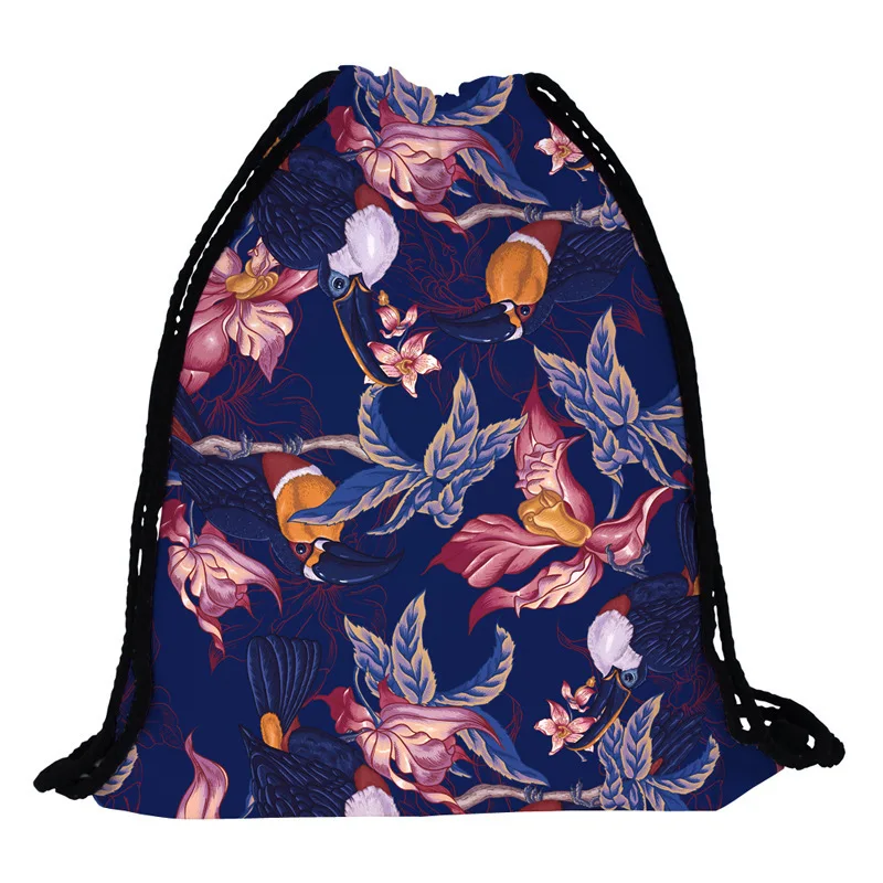 navy 3D печать Drawstring карманные водонепроницаемые школьные сумки лист Цветы Птица узор женская сумка на шнурке - Цвет: navy