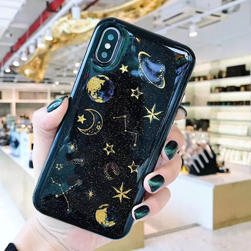 Блестящий чехол для телефона с изображением Луны звезд планеты iphone 11 11pro Max XS XR X 6S 6