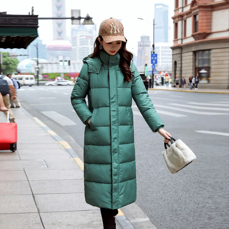 

QIHUANG Winter X-long Down Coat Women Hooded Jacket Solid Color Slim Plus Size Women Down Coat Thick Warm Female Parkas Clothing