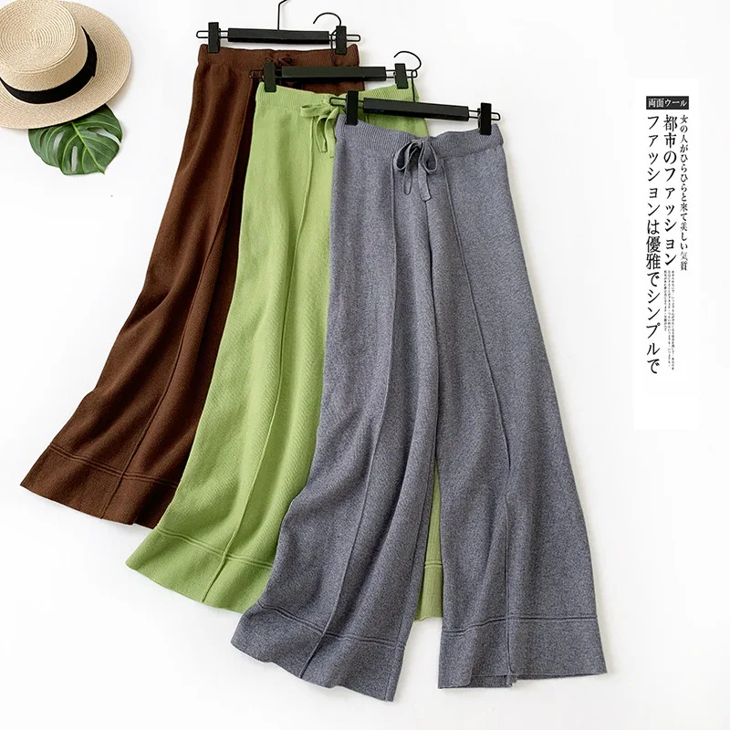 Корейские женские штаны, толстые теплые зимние вязаные штаны, эластичные штаны с высокой талией, широкие штаны, модные зеленые брюки, pantalon femme