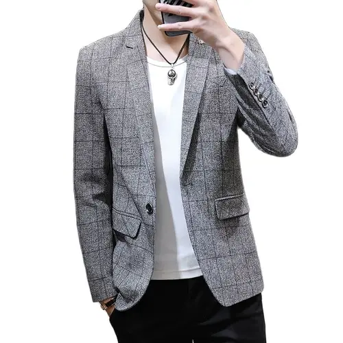 남성용 체크 무늬 정장 재킷, 비즈니스 캐주얼 블레이저, 슬림 코트, 오프 화이트, 봄 및 가을, 신상 3