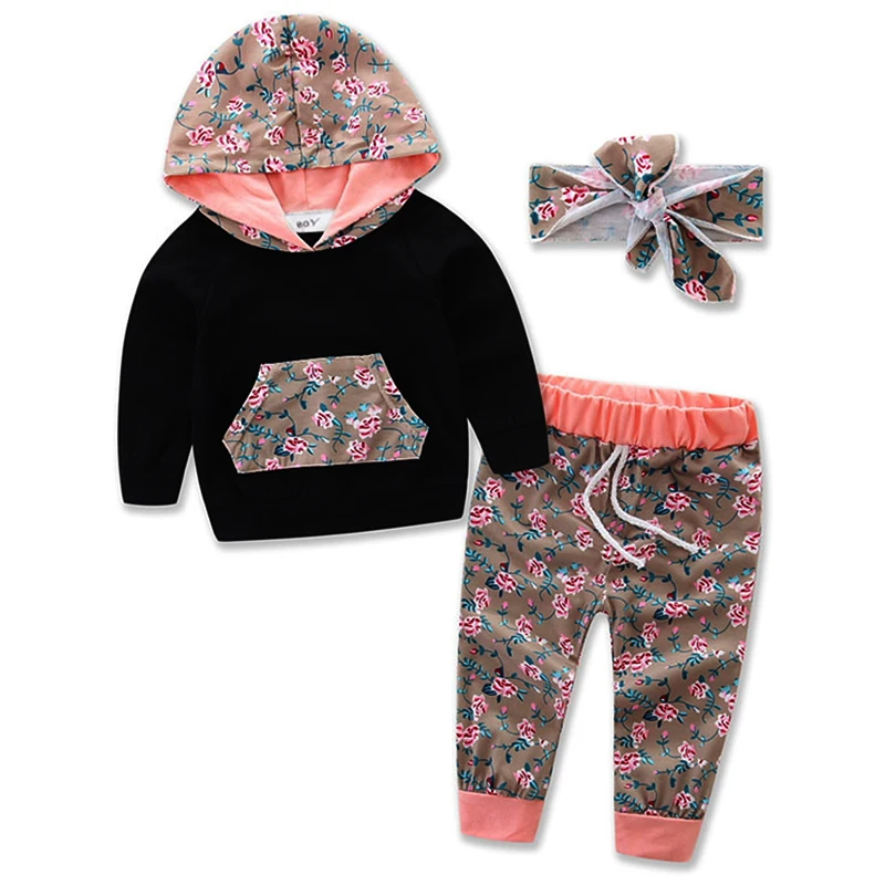 

3-piece Floral Hoodie, Pants and Headband Set for Baby Girls Adjustable Straps Kanga Pockets Spring and Autumn Leisure Sports