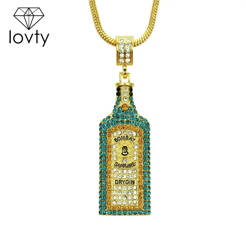 Big Wine bottle Necklaces Full Rhinestone Iced Out Pendants Hip Hop Men Women Gold Color Vogue Jewe