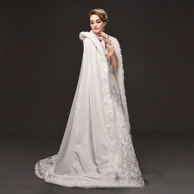 Top Quality Winter Wedding Long Cloak Fur Hooded Capes With Faux Edge Bridal White Bride Poncho Wraps | Женская одежда