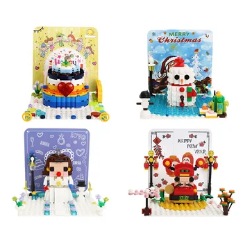 

3D Pop-Up Cards Building Blocks Birthday Card Merry Christmas Cake Snowman Girl Figures Kids Educational Toys Christmas Gift