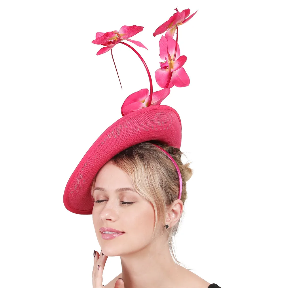 Элегантные женские вечерние головные уборы millinery derby, ярко-розовые головные уборы, вуалетки с красивым цветочным декором, Великолепные женские головные уборы