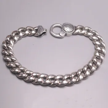 

Solid S925 Sterling Silver Bracelet Women Men Luck Curb Six-word Motto Chain Link Bracelet 7.68inch 9mmW 34-36g