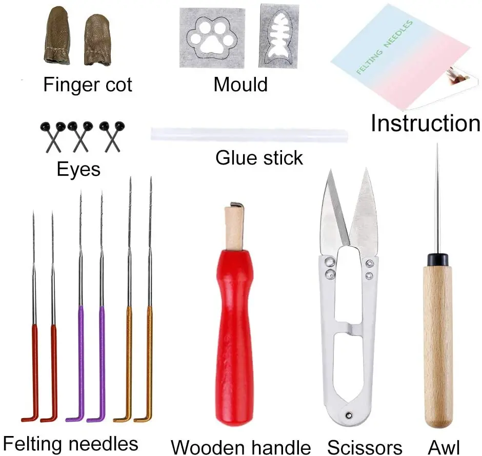 Imzay Wool Felt Kit 3 Colors Wool Roving Felt Needle With Wooden Handle  Foam Finger Cot And Other Tools For DIY Animal Making - AliExpress