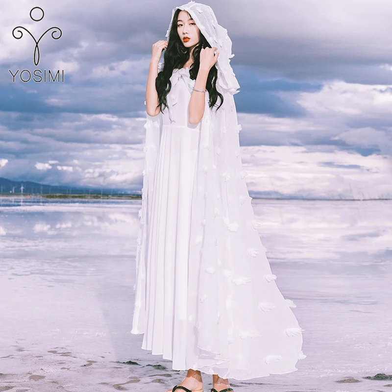 YOSIMI,, летнее платье, Vestidos, макси, шифон, комплект одежды из двух частей, длинное женское платье, белое платье, туника, Женский костюм без рукавов