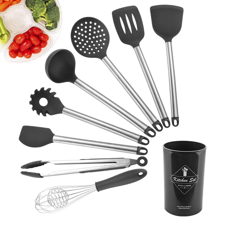 Stainless Steel+Silicone Cooking Utensil Kitchen Tools Turner Soup Spoon Strainer Pasta Server Egg Beater Spatula Food Tongs
