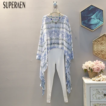 

SuperAen 2020 Spring and Summer New Women Shirts Wild Casual Fashion Irregular Printing Ladies Blouses and Tops Pluz Size Shirts