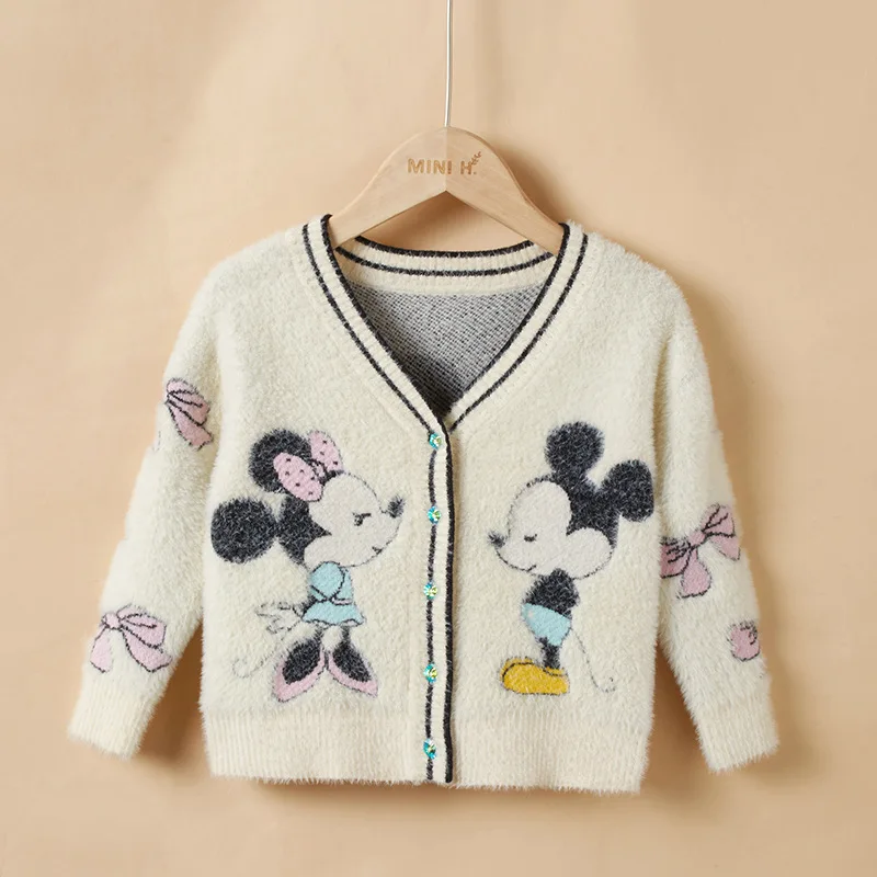 Disney свитер для девочки Бархатный жакет, кардиган, кофта, v-образный вырез, толстый свитер; сезон осень-зима с рисунком Микки Мауса Мышь Детская куртка для мальчиков