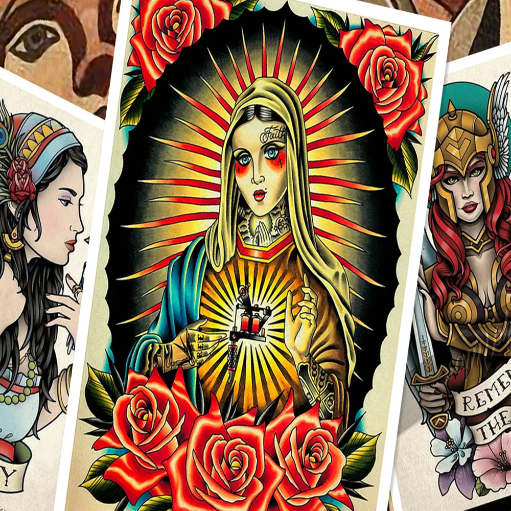 Креативный узор с татуировкой ретро постер из крафт-бумаги HD печать