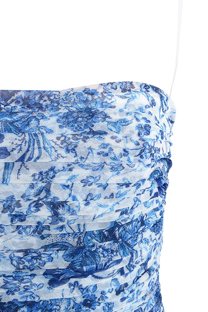 Dupla Camada Ruched Malha Mulheres сексуальный Cintas de Espaguete Vestido de Verao Bodycon Vestido de Festa Elegante Azul Banco Impre