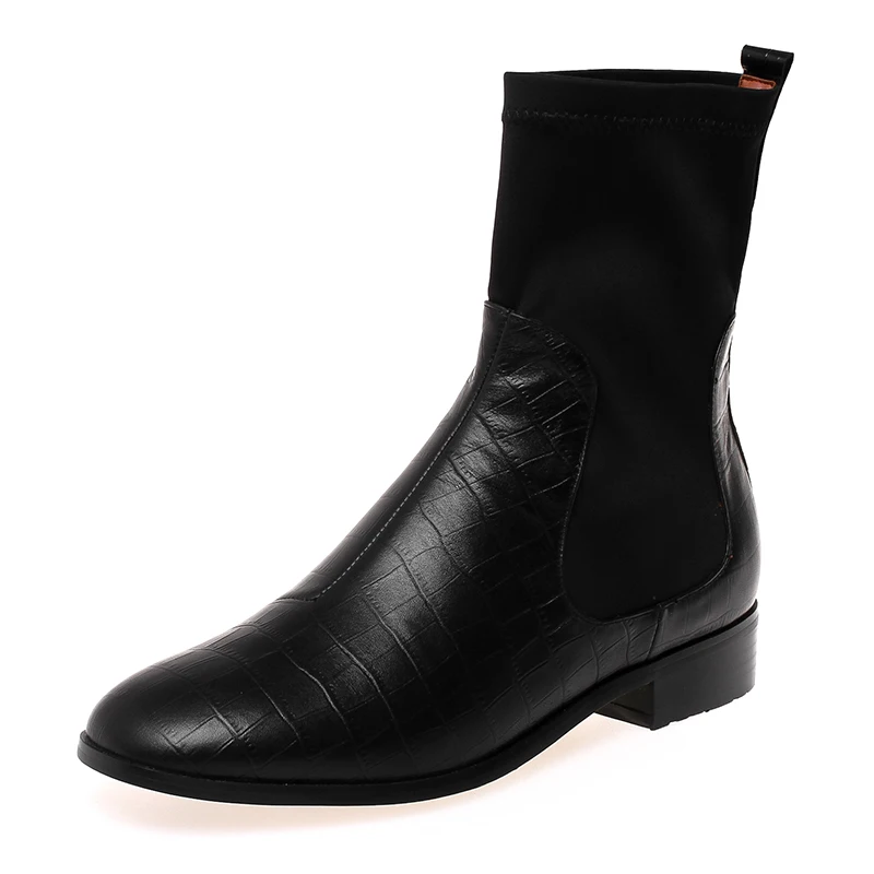 Black Plush Lining ROBESPIERE/Лидер продаж; зимние женские сапоги до середины икры; обувь из натуральной кожи на низком каблуке; теплые плюшевые растягивающиеся сапоги для девочек; цвет черный, коричневый; B150 - Цвет: Black Plush Lining
