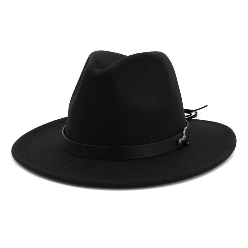 Модные женские с широкими полями шерсть фетр Джаз Fedora шляпы Панамы стиль дамы Трилби шляпа игрока вечерние ковбой солнцезащитная Кепка - Цвет: Черный