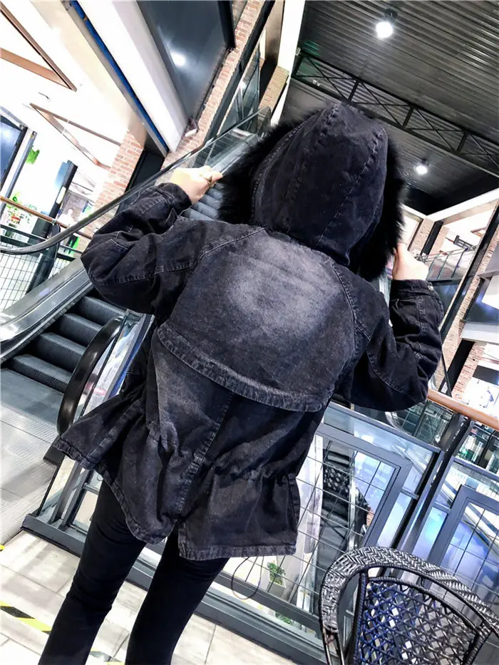 Новинка года; черные джинсовые женские зимние куртки с капюшоном и меховым воротником в Корейском стиле; плотные джинсы jaqueta feminina; облегающие длинные пальто; f1665