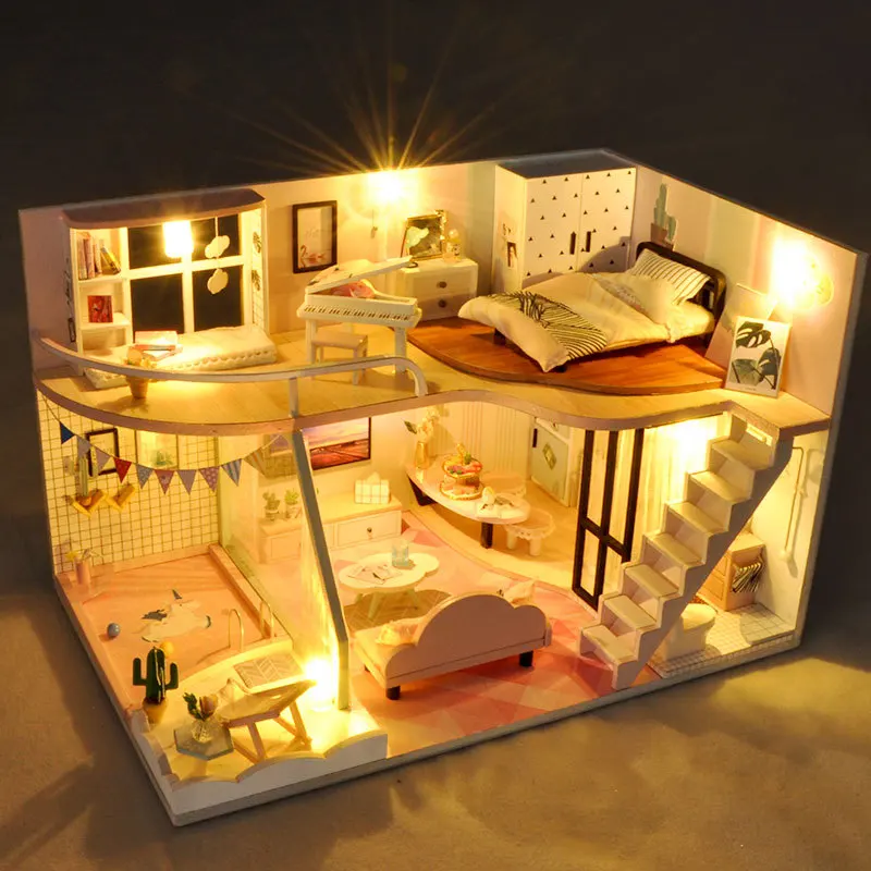 Ручной работы с миниатюрной мебель модель здания светодиодные поделки Детские