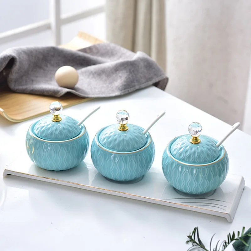 

Kitchenware Blue Ceramic Seasoning Jar Spice Jar Set Seasoning Box Porcelain Seasoning Box Set With Spoon Lid And Tray