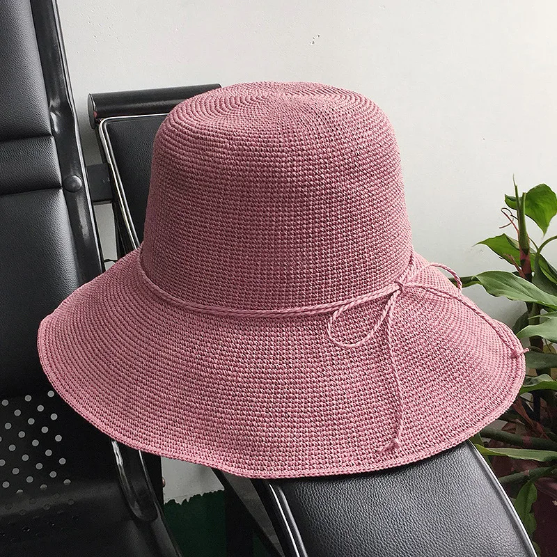 Raffia Sun Женская Летняя шляпка корейский праздник ЗОНТИК КЕПКА Женская однотонная Защита от солнца с солнцезащитным козырьком Повседневная купольная шляпы-котелки H7377